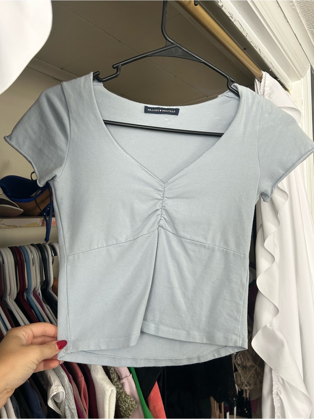 Short Sleeve V-Neck Ruched Front Top - Light Blue